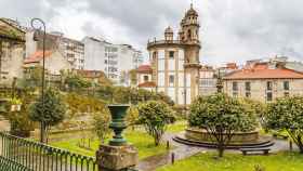 Centro de Pontevedra un día de lluvia.