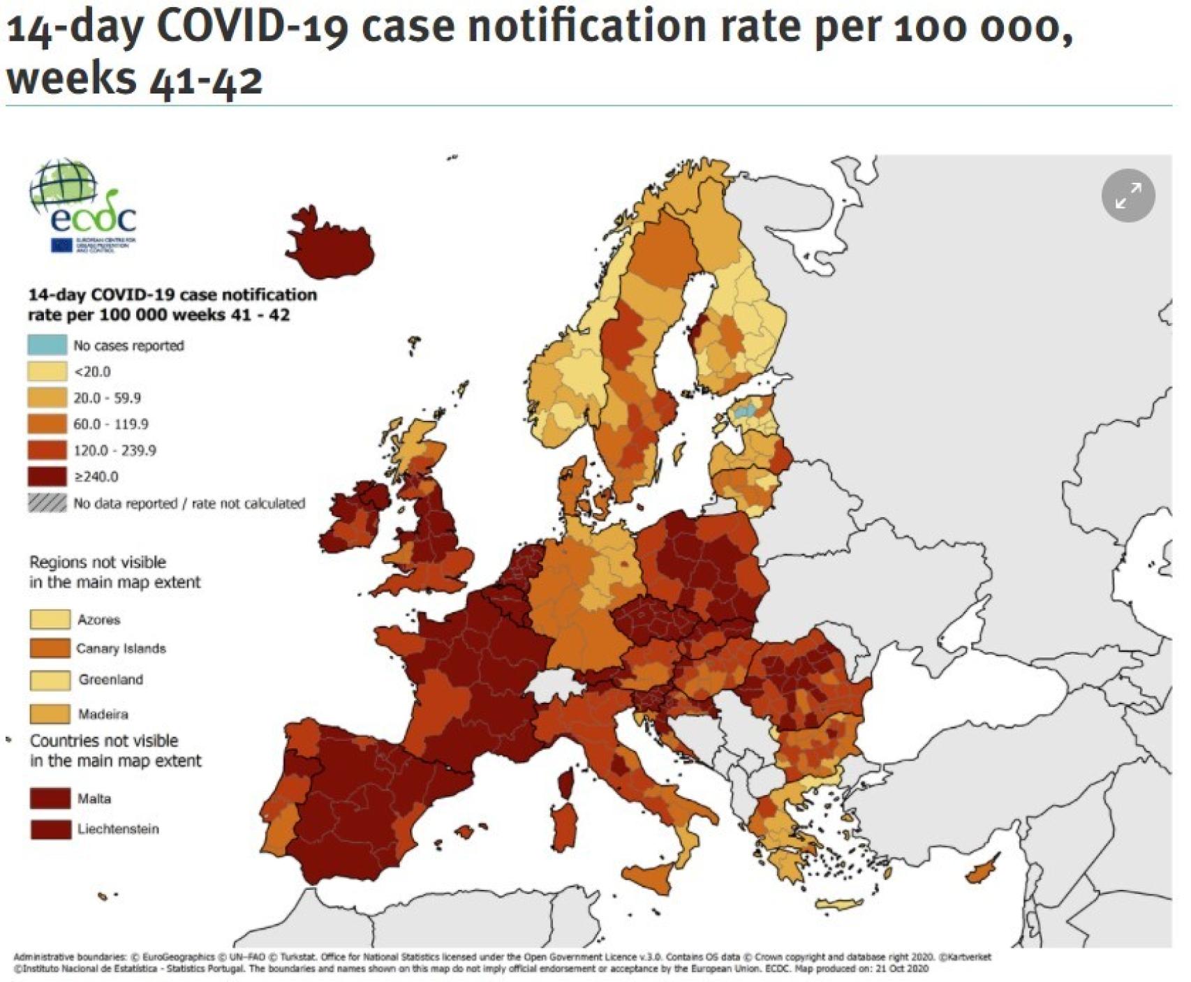 Incidencia de la Covid-19 en Europa.