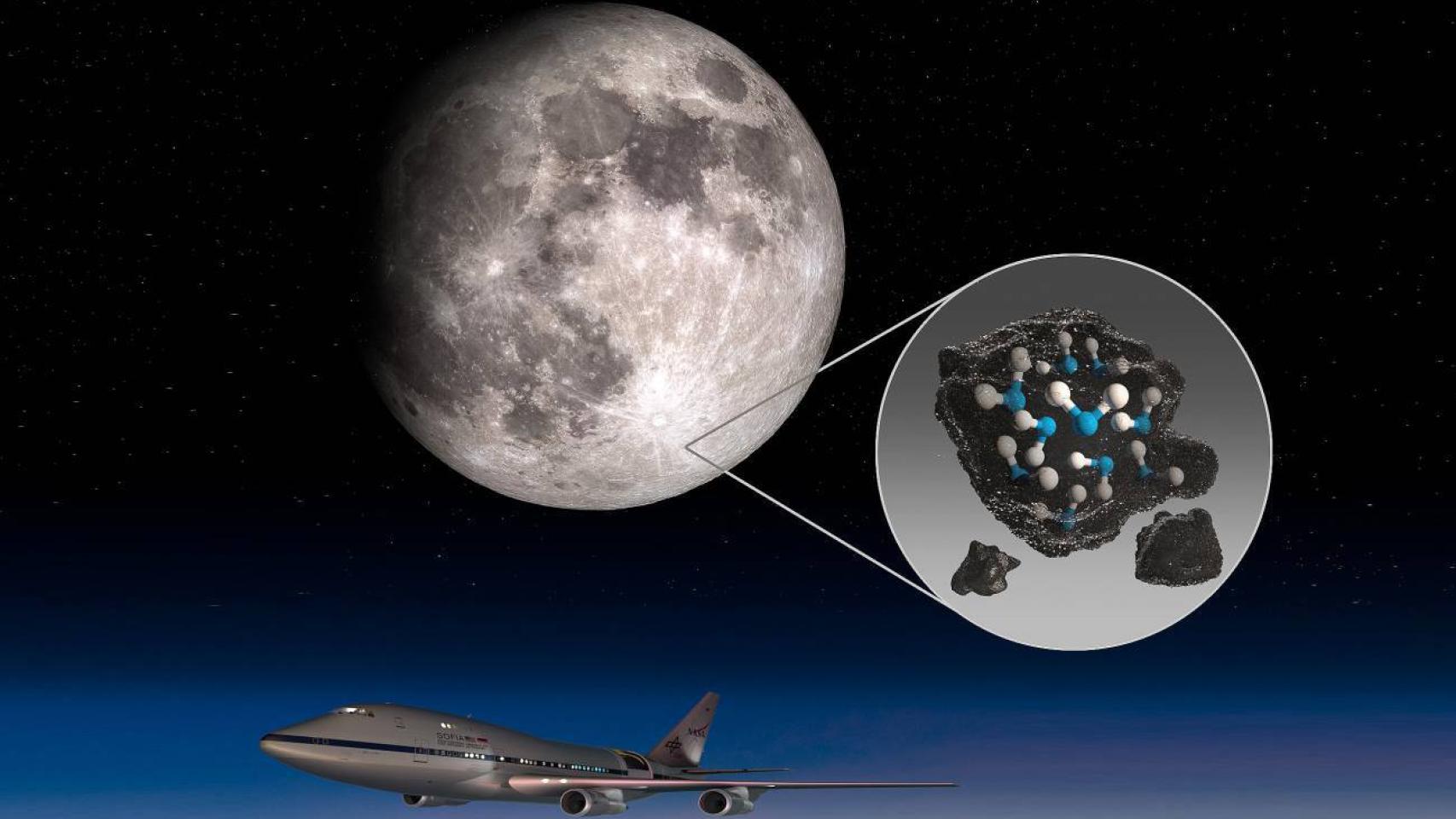Ilustración de moléculas de agua en el cráter Clavius de la Luna e imagen del Observatorio Estratosférico de Astronomía Infrarroja de la NASA (SOFIA), un avión Boeing 747 con un potente telescopio incorporado. / NASA