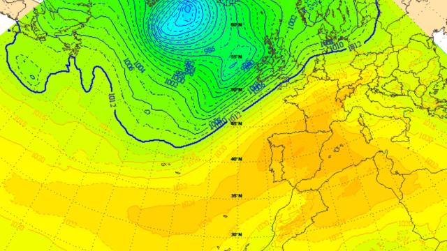 Las bajas presiones se mantienen al norte mientras las alta se instalan a la altura de España. AEMET/SINOBAS.