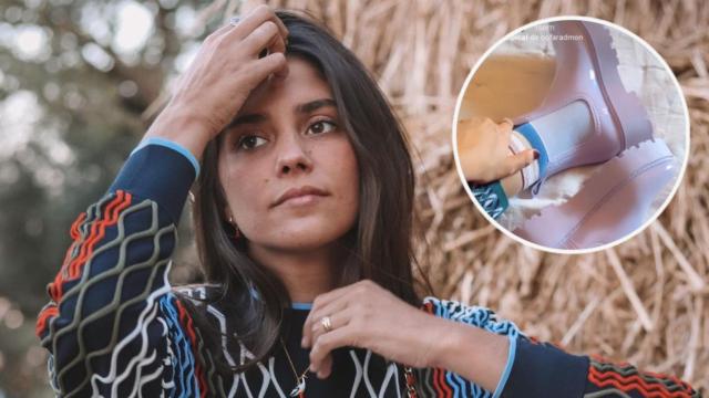 María García de Jaime y sus botas de agua, en un fotomontaje de JALEOS.