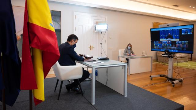 Pedro Sánchez, durante la videocumbre de la UE de este jueves