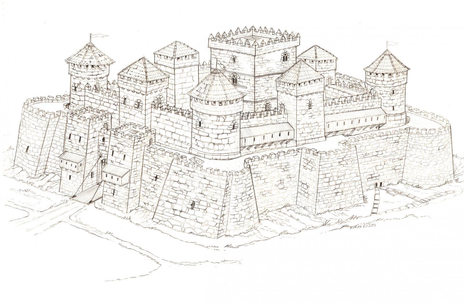 Boceto del aspecto que pudo haber tenido el castillo en su máximo apogeo (Castelo da Rocha Forte).