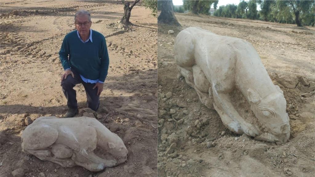 El agricultor Gonzalo Crespo y la leona íbera.