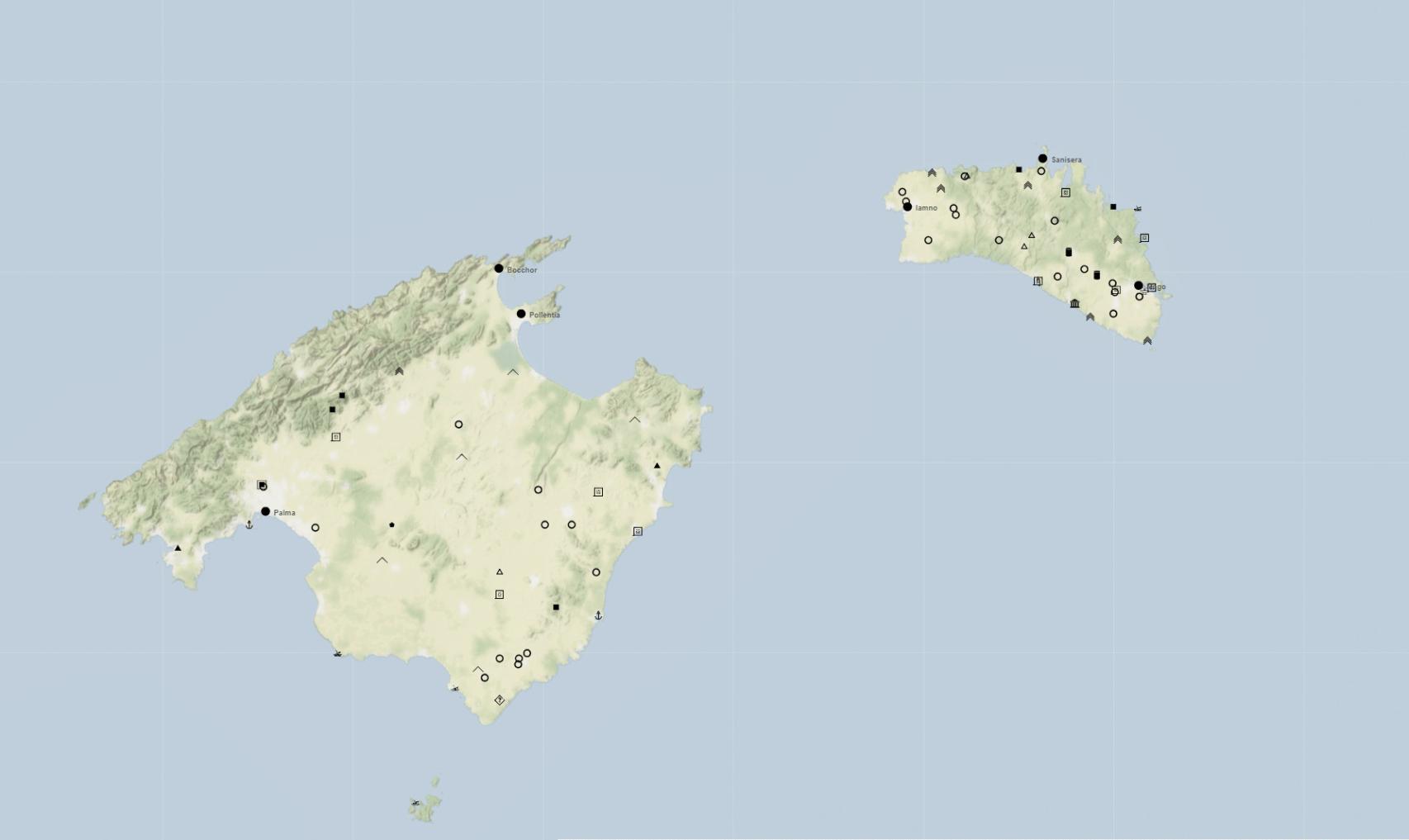 Sitios de época romana de las islas de Mallorca y Menorca introducidos en la TIR. El mapa permite intuir la diferenciación en la estructura del poblamiento en las dos islas.