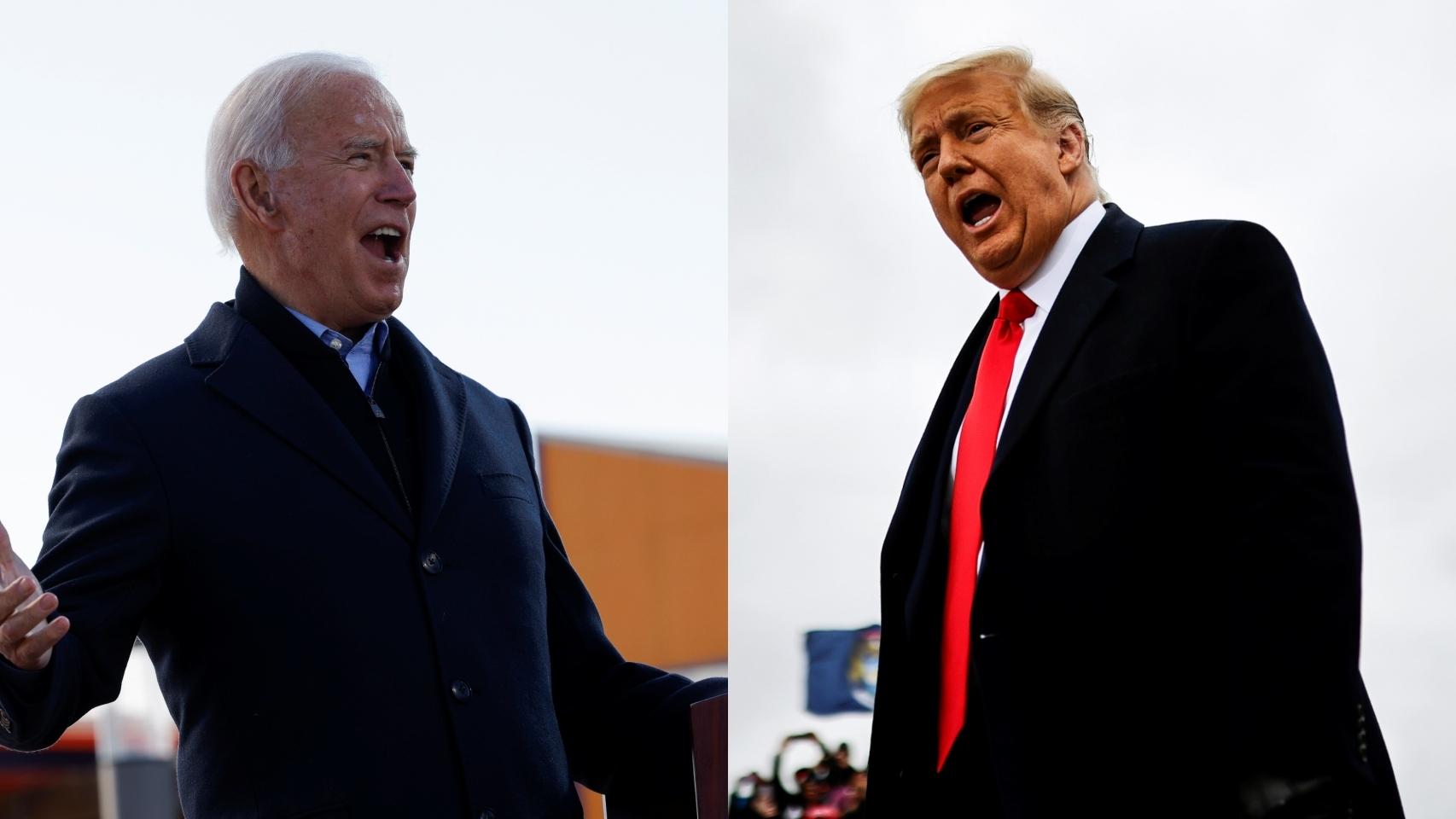 Joe Biden en un acto de campaña en Iowa y Donald Trump en Michigan.