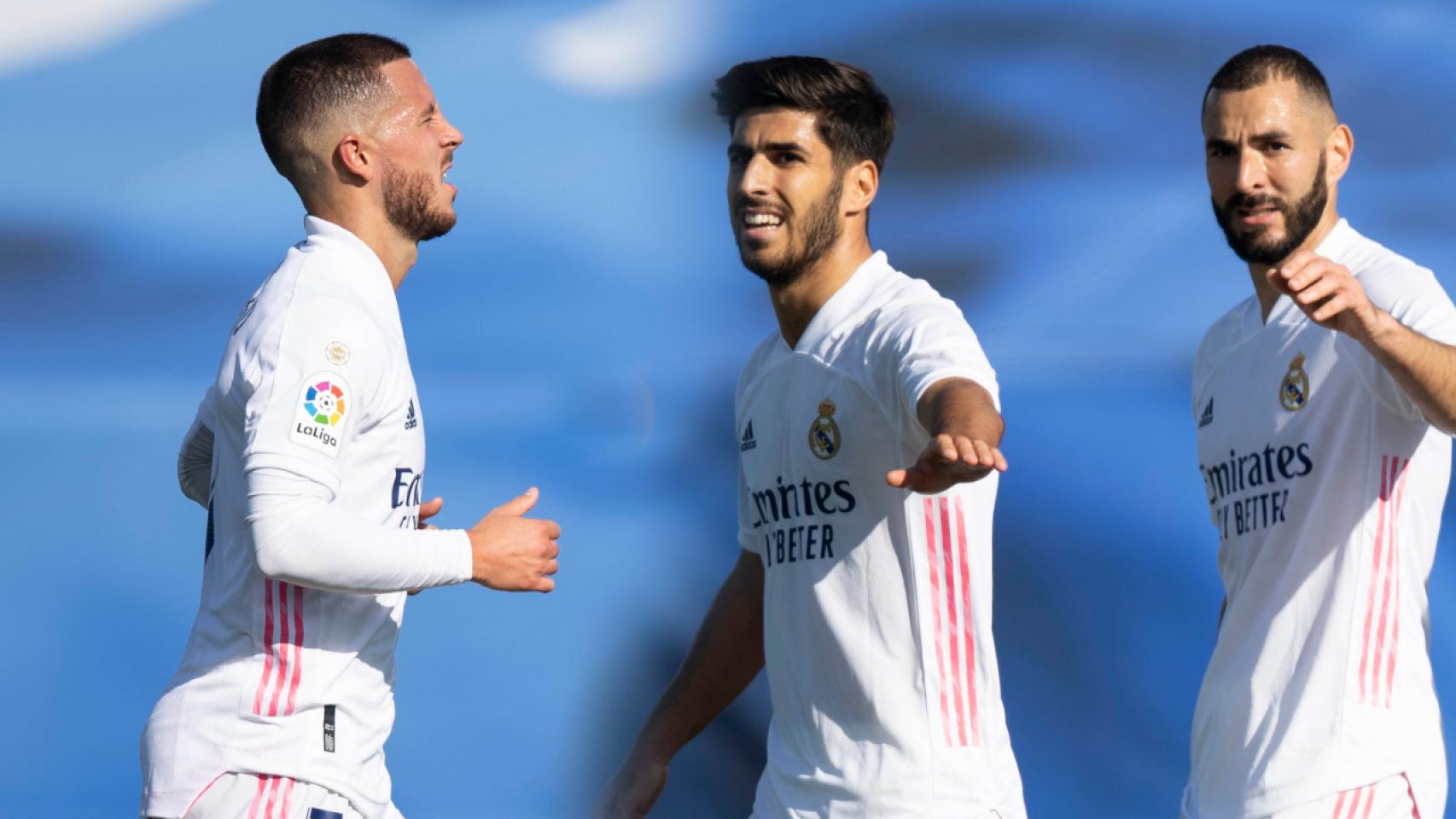 Eden Hazard, Marco Asensio y Karim Benzema