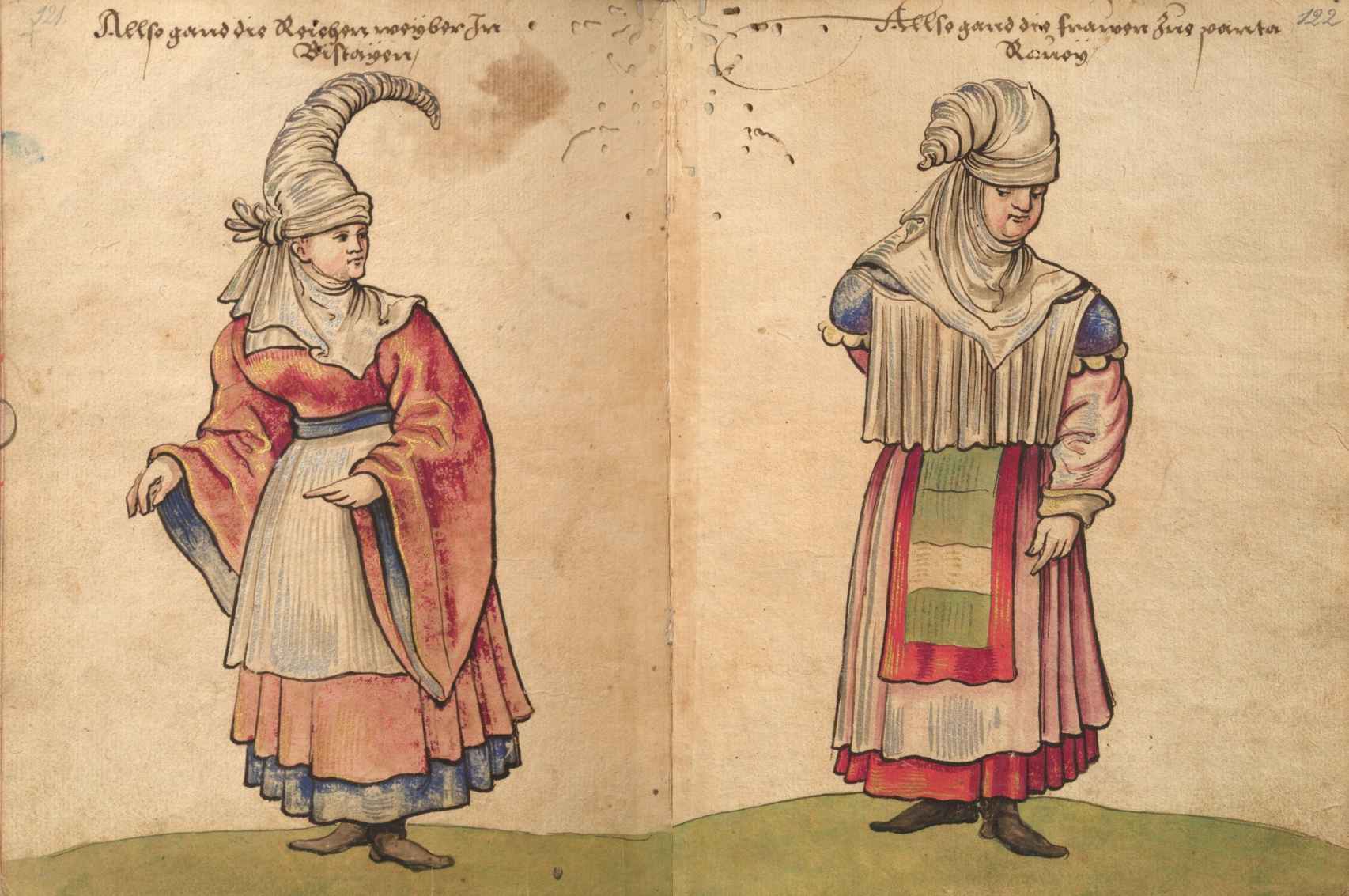 Ilustraciones de Christoph Weiditz que muestran los tocados de las mujeres vascas en el siglo XVI.