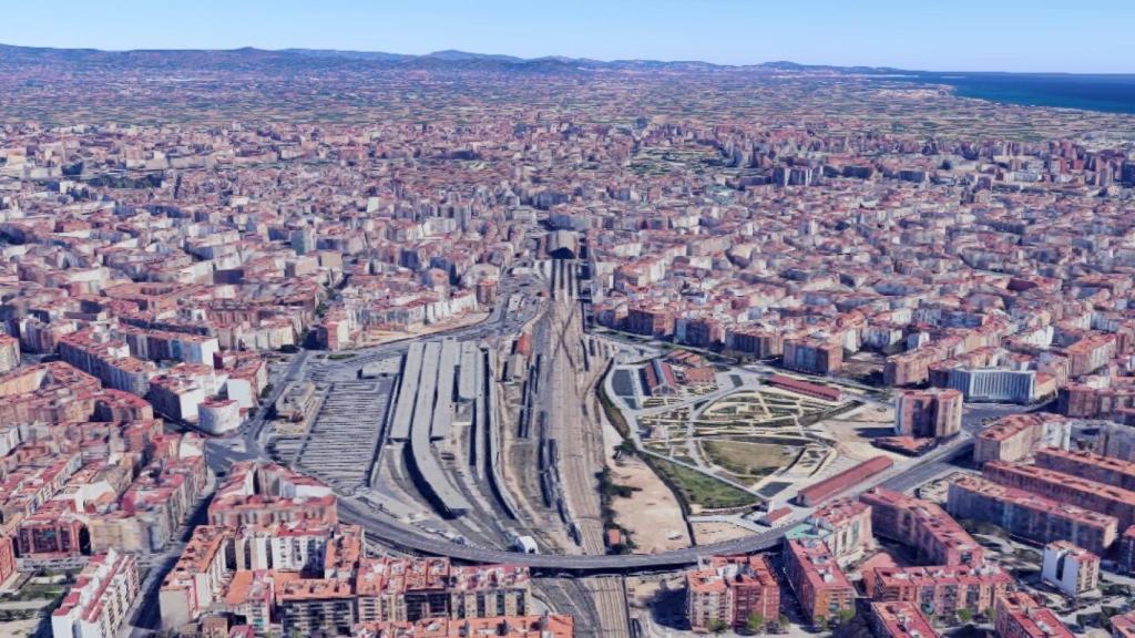 Vista aérea de la playa de vías que ocupará el Parque Central de Valencia. GM