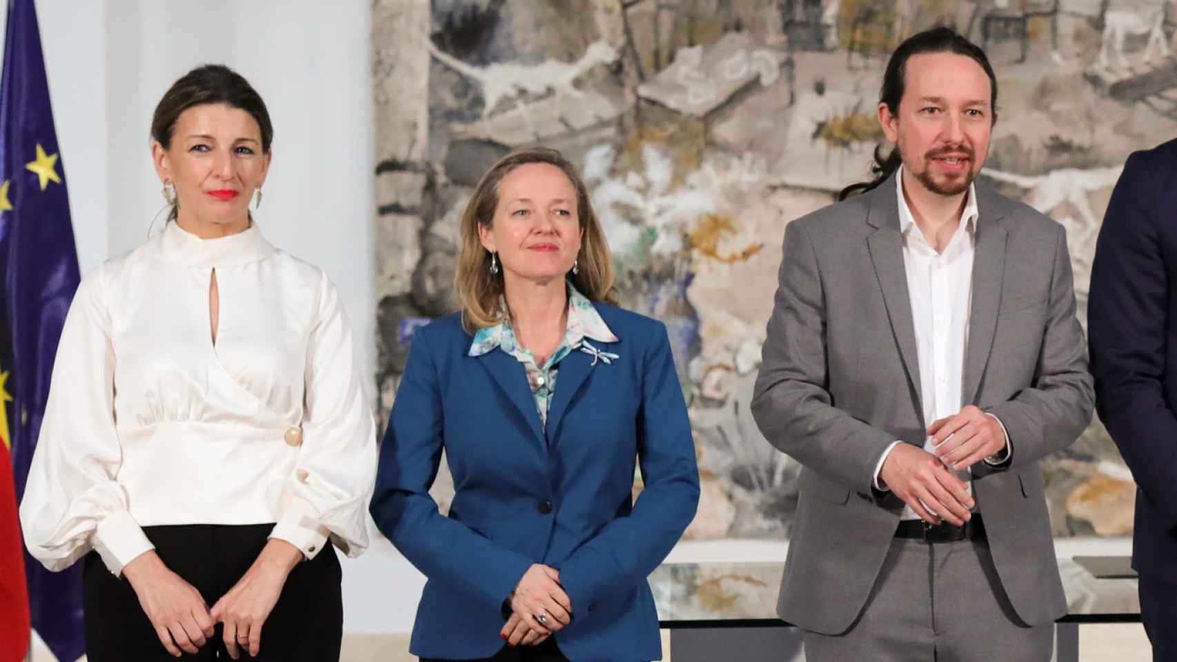 Yolanda Díaz, entonces ministra de Trabajo; Nadia Calviño, vicepresidenta tercera; y Pablo Iglesias, vicepresidente segundo..