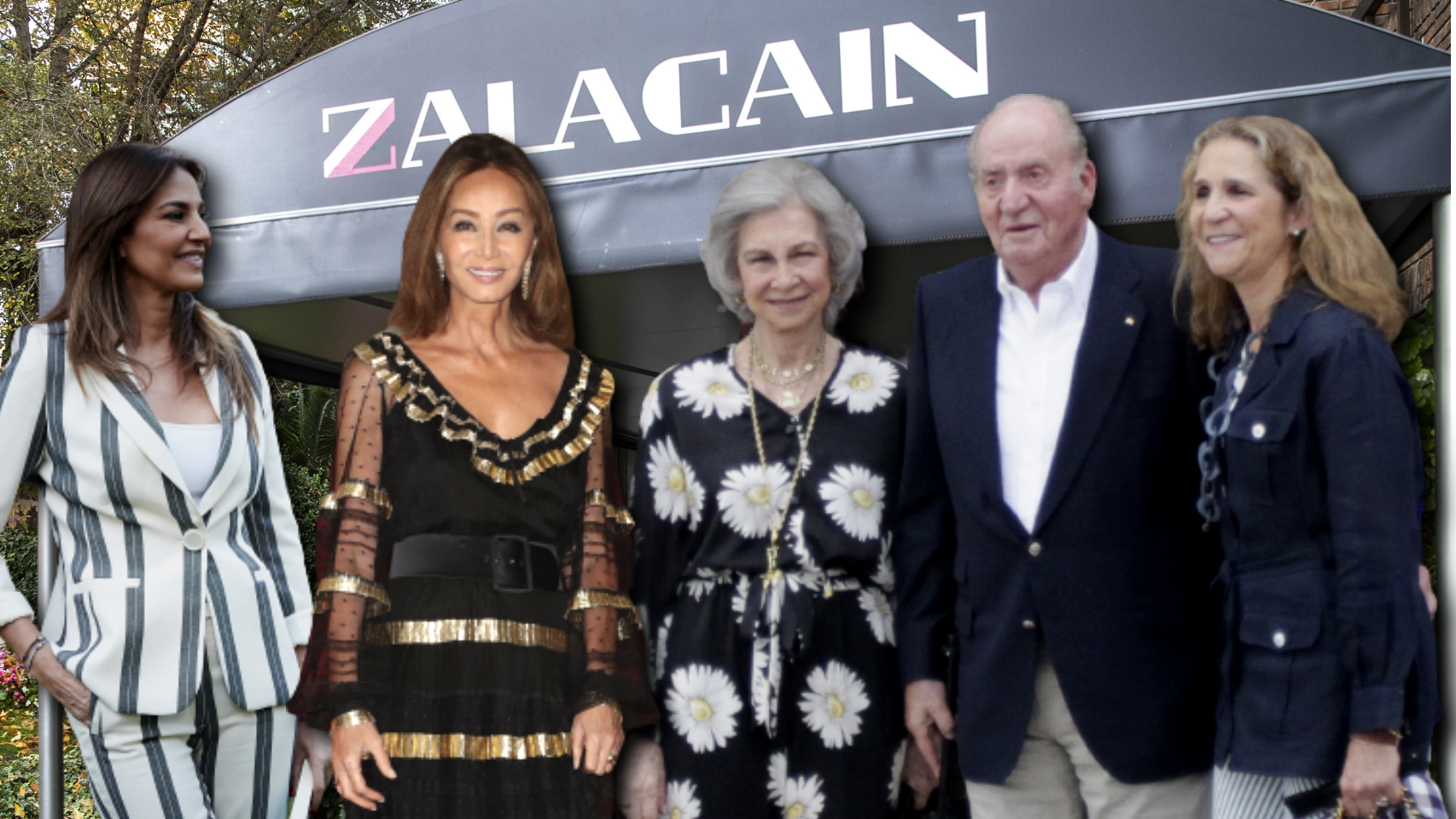 Mariló Montero, Isabel Preysler, la reina Sofía, el rey Juan Carlos y la infanta Elena junto al restaurante Zalacaín en un montaje de Jaleos.