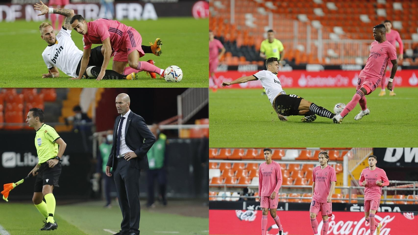 Lucas Vázquez y Uros Racic, Vinicius Jr. y Hugo Guillamón, Zinedine Zidane y Raphael Varane, Luka Modric y Fede  Valverde durante el Valencia - Real Madrid