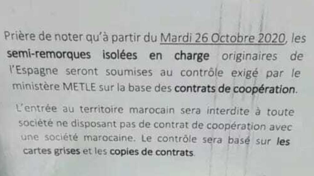 Nota del puerto Tanger Med en la que informa sobre las restricciones.