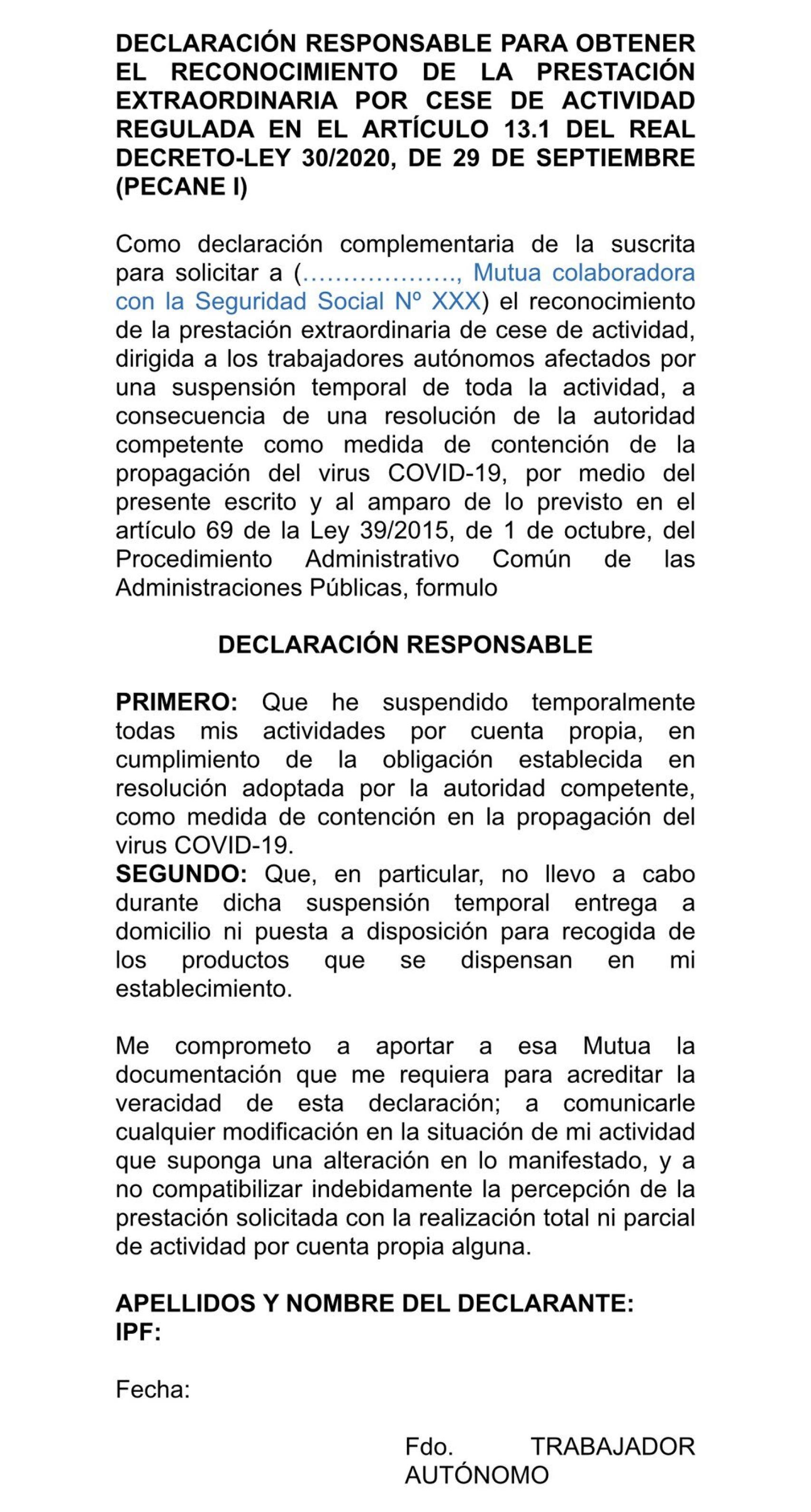 El modelo de declaración a presentar para acceder a la prestación de cese de actividad de autónomos (Twitter).