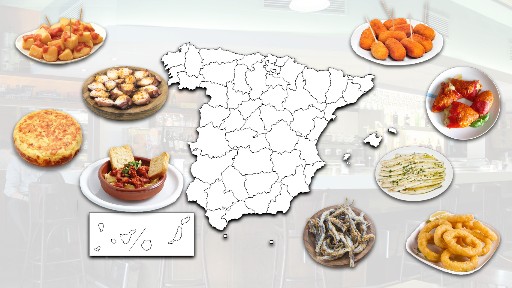 El mapa de España rodeado por algunas de las tapas más típicas este país.