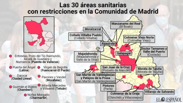 Estas son las 30 zonas sanitarias restringidas en Madrid desde el viernes.