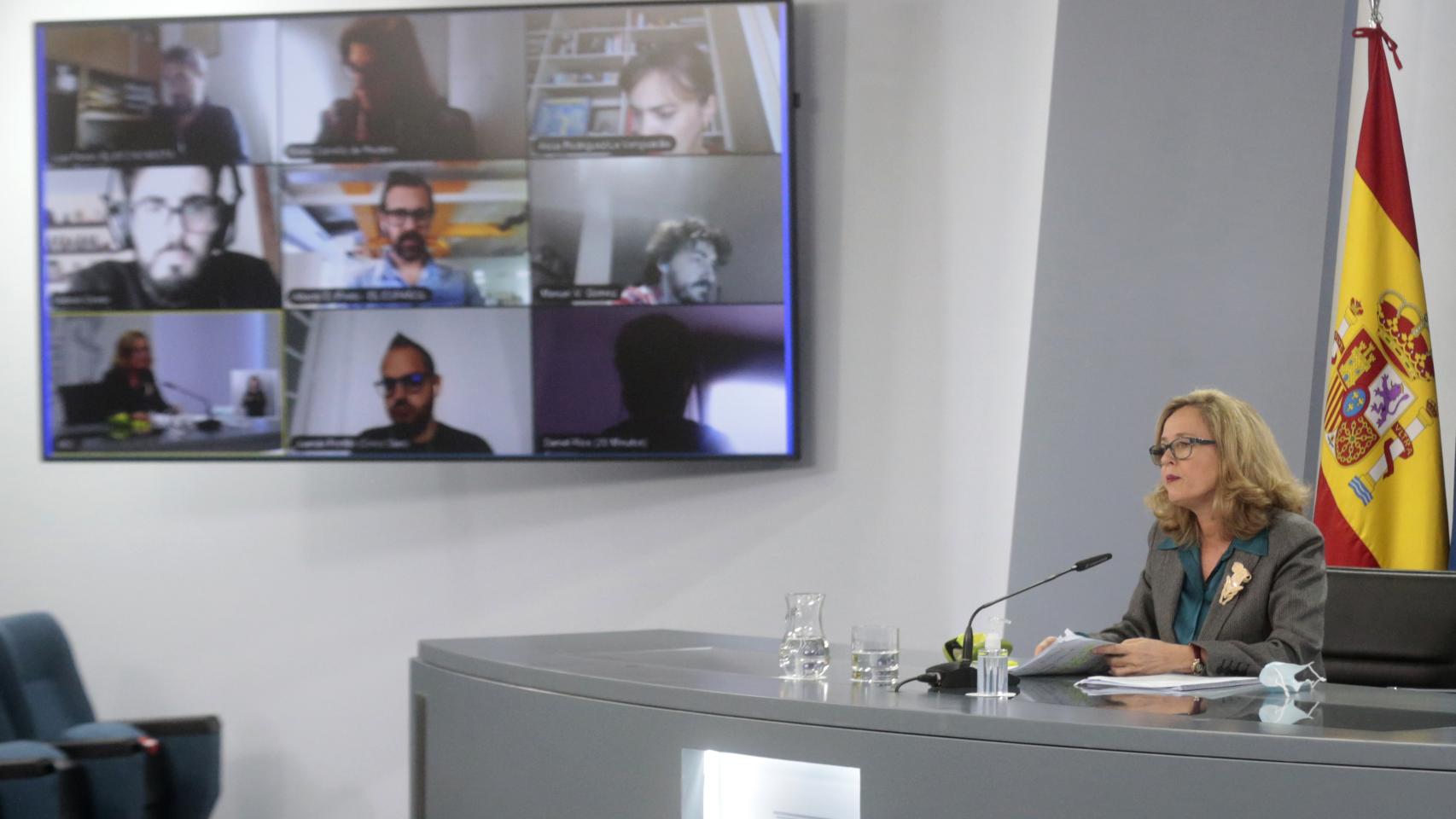 Nadia Calviño, vicepresidenta tercera y ministra de Economía, en rueda de prensa.