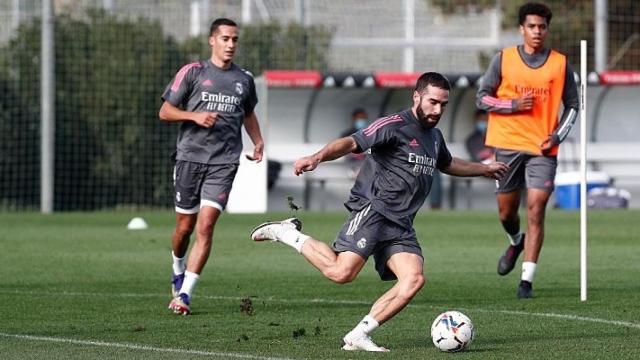 Lucas Vázquez, Dani Carvajal y Marvin Park, durante un entrenamiento del Real Madrid