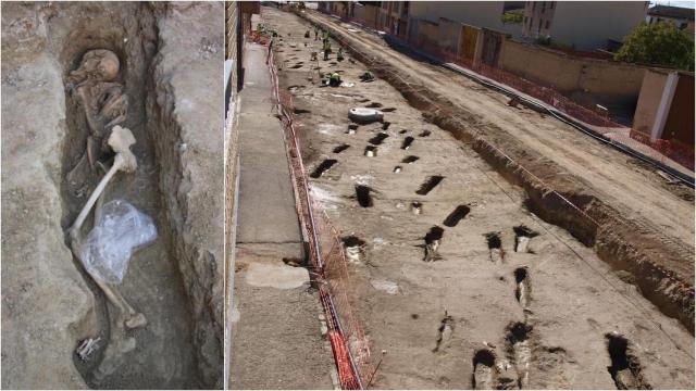 Uno de los cuerpos encontrados y la excavación actual de la necrópolis de Tauste.