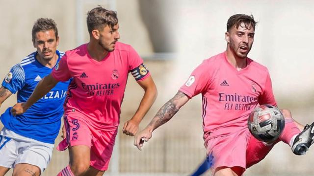 Víctor Chust y Mario Gila, durante el partido entre el Real Madrid Castilla y Las Rozas en un fotomontaje