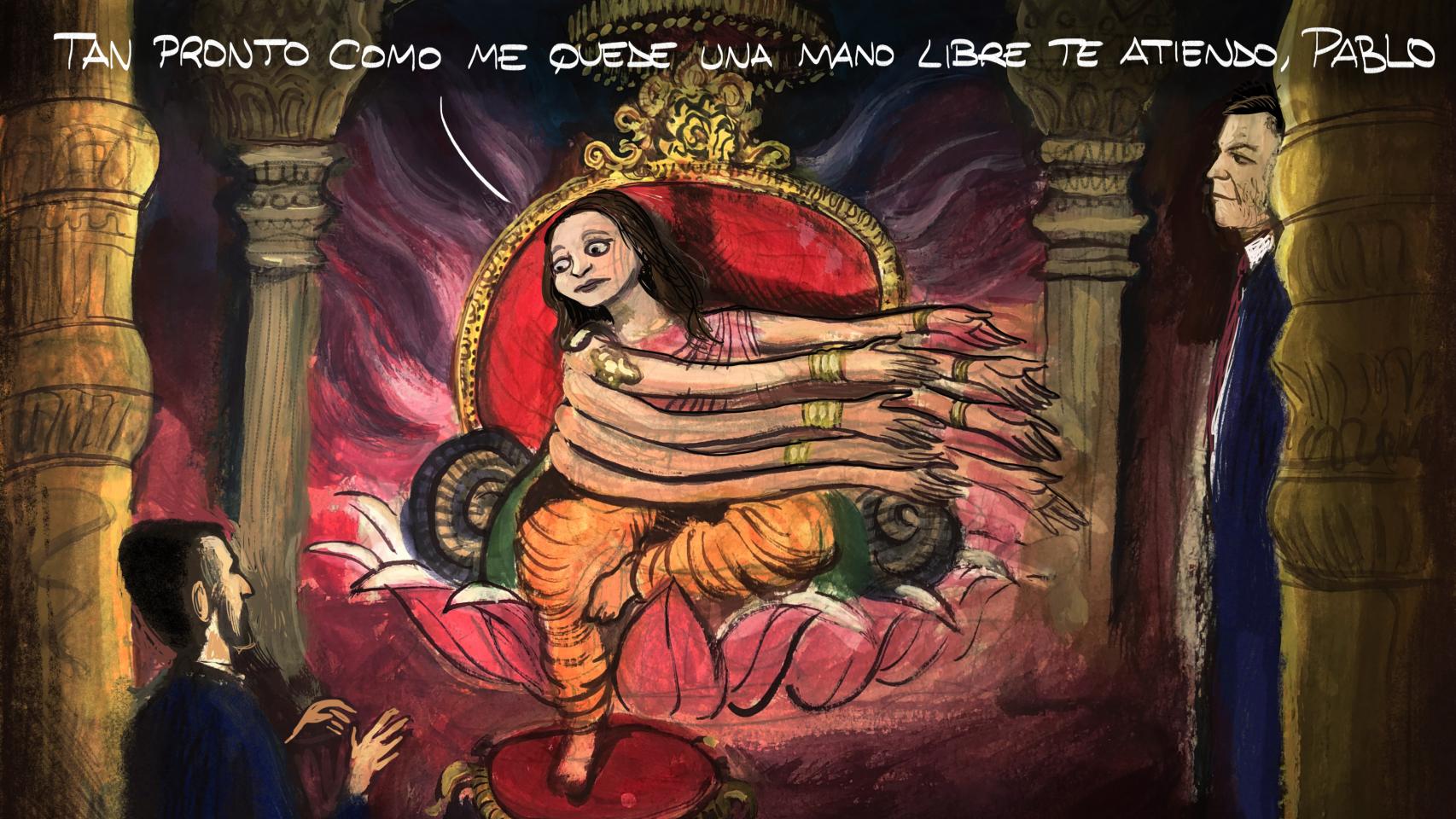 Inés Arrimadas, en una viñeta entre Pablo Casado y Pedro Sánchez.