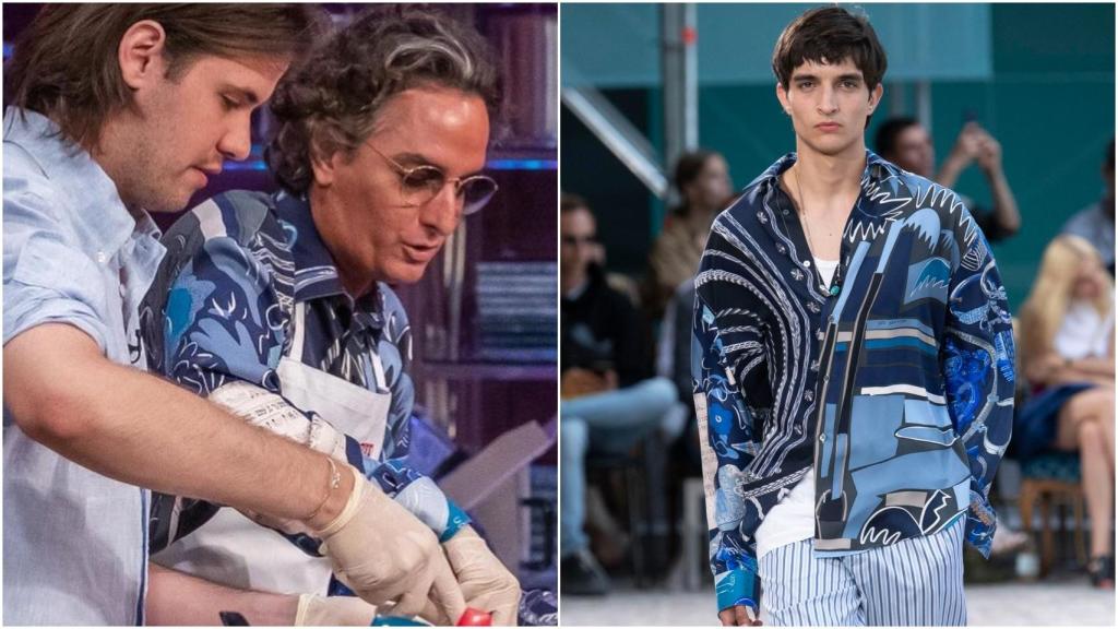 A la izquierda, Josie con camisa de Hermès. A la derecha, modelo en el desfile de Hermès luciendo la camisa perteneciente a la colección Primavera-Verano 2020.