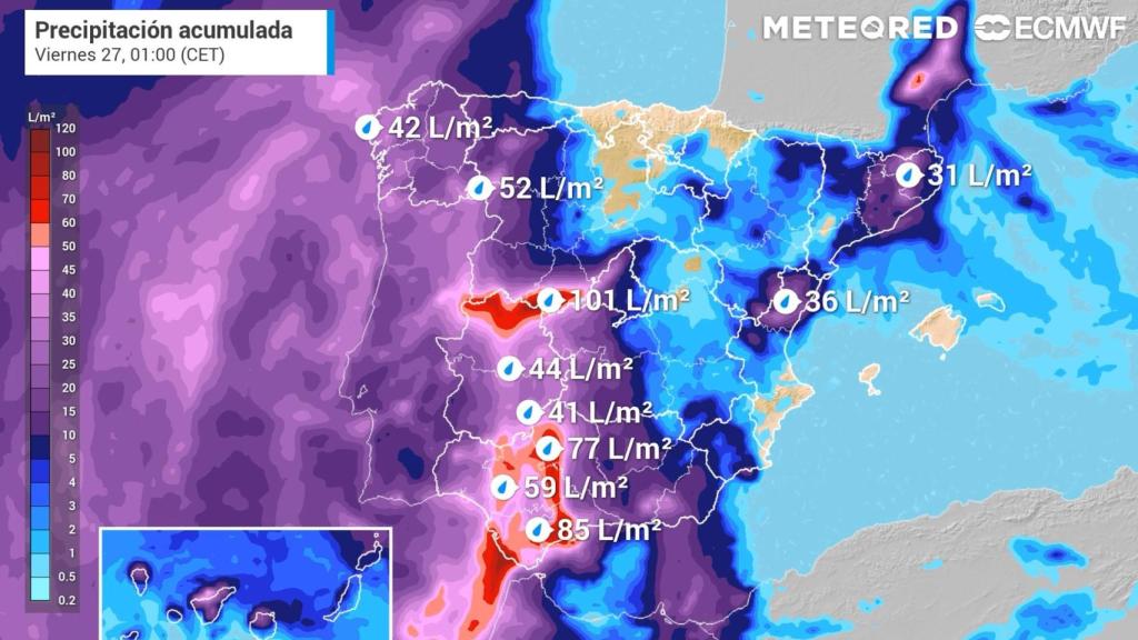 Lluvias previstas hasta la noche del jueves, con acumulados importantes en el centro y suroeste peninsular. Meteored.