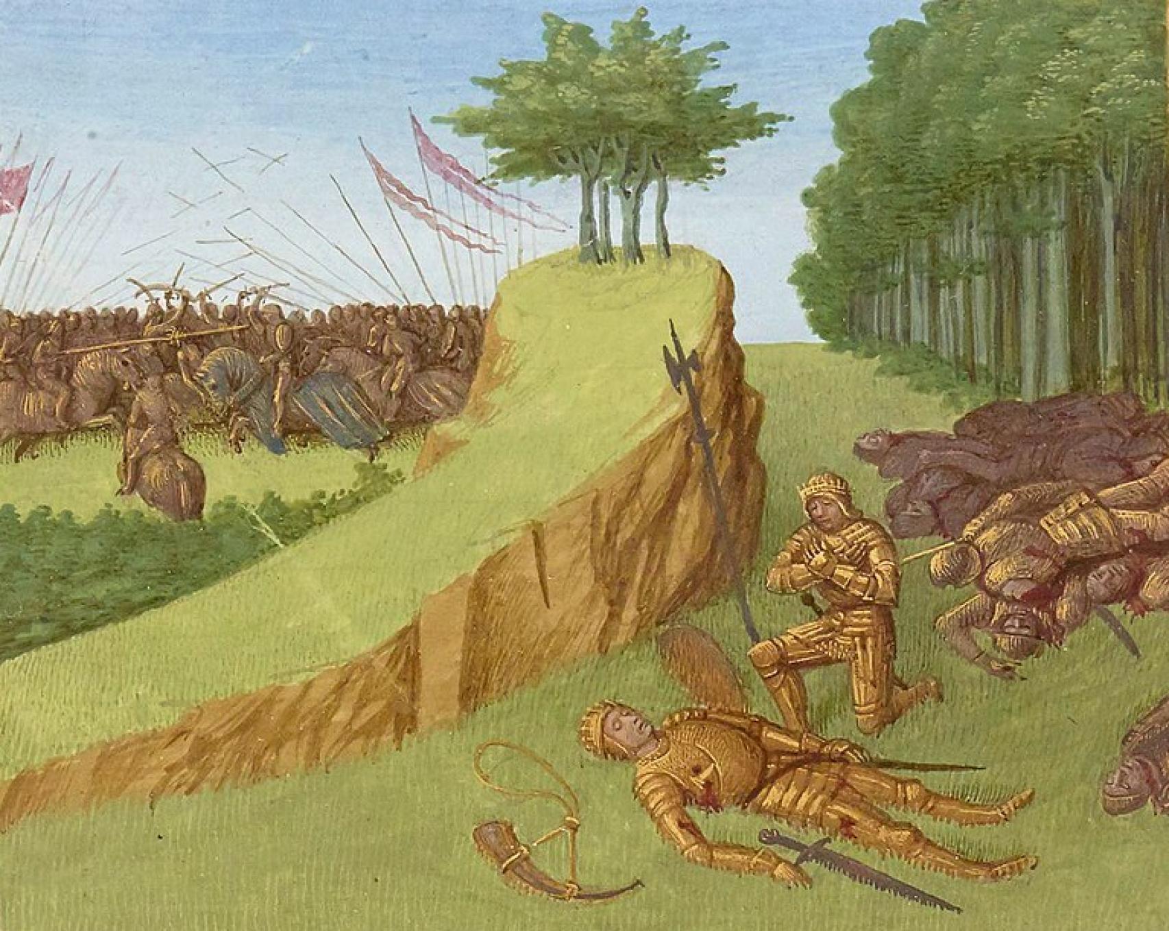Muerte de Roldán en la batalla de Roncesvalles según una ilustración del siglo XV de Jean Fouquet.