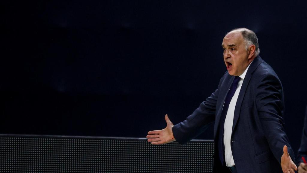 Pablo Laso protesta durante un partido de Euroliga