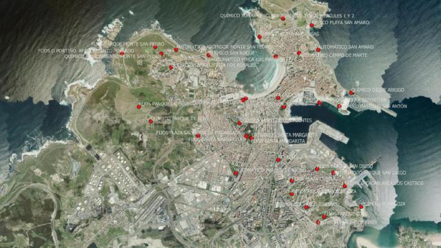 Distribución de los aseos públicos en A Coruña.