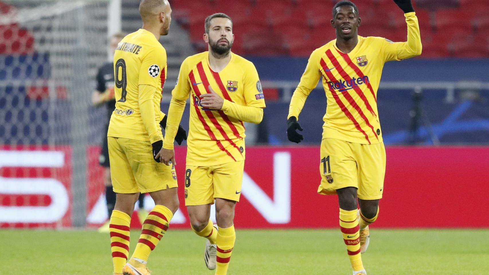 Ousmane Dembélé celebra su gol de penalti en la Champions League