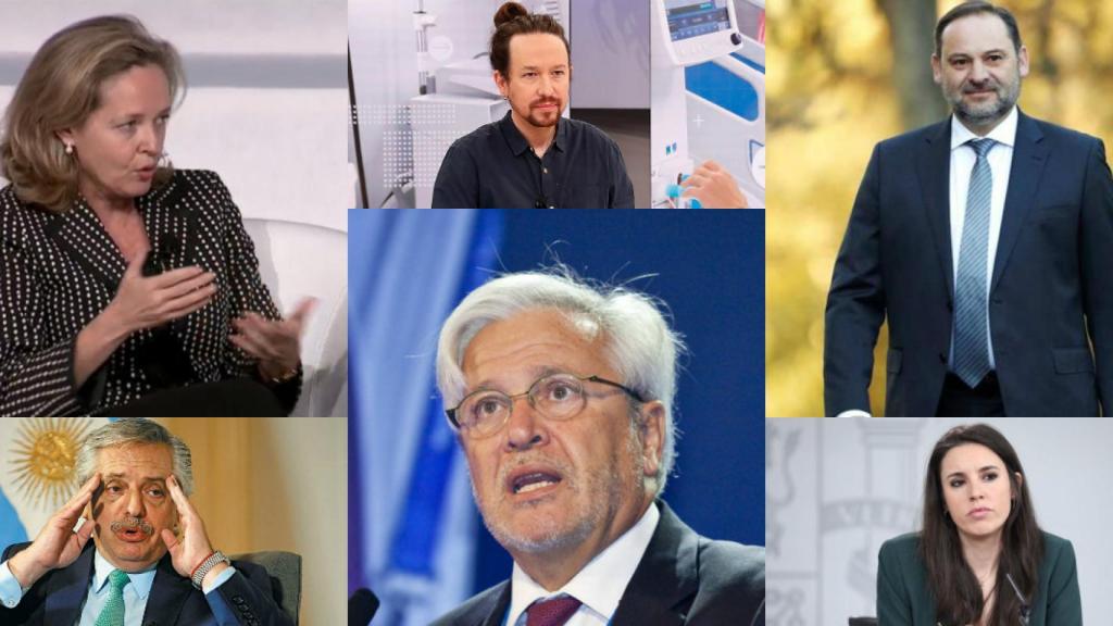 Nadia Calviño, Pablo Iglesias, José Luis Ábalos, Alberto Fernández, Joan Clos e Irene Montero.