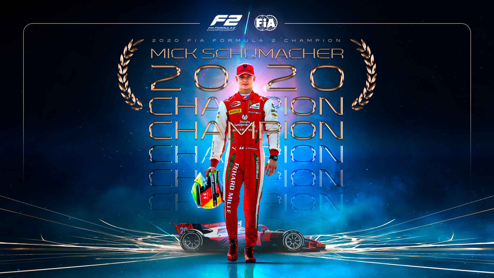 Mick Schumacher y el cartel por su campeonato de F2