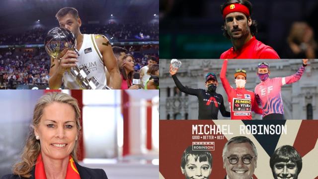 Felipe Reyes, Theresa Zabell, Feliciano López, el podio de La Vuelta 2020 y el último Informe Robinson, en un fotomontaje de premiados en la VII edición de los Premios María de Villota y Ciudad de la Raqueta