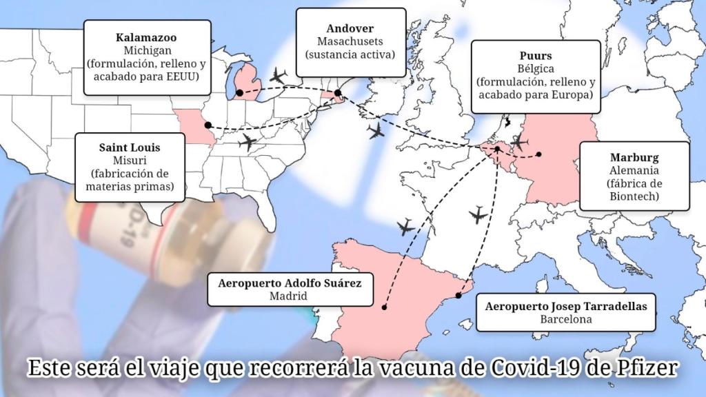 El recorrido que hará la vacuna de Pfizer hasta llegar a España.