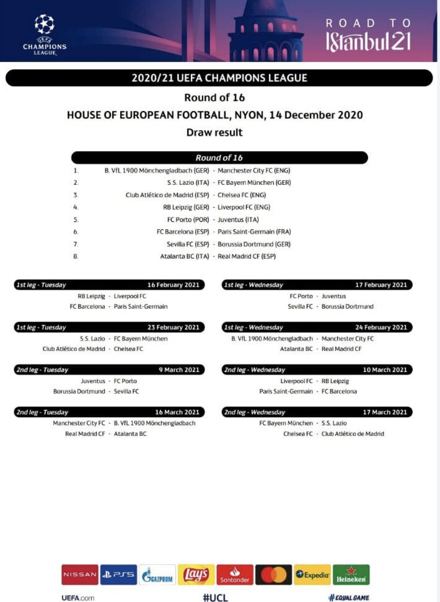 El documento de las fechas de los partidos de octavos de final de la Champions League