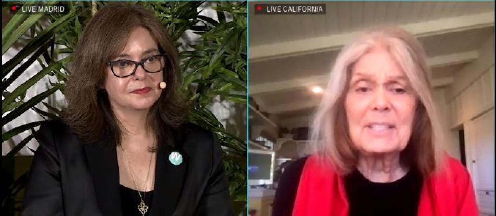 A la izquieda, Lourdes Garzón; a la derecha, Gloria Steinem, vía streaming desde California.