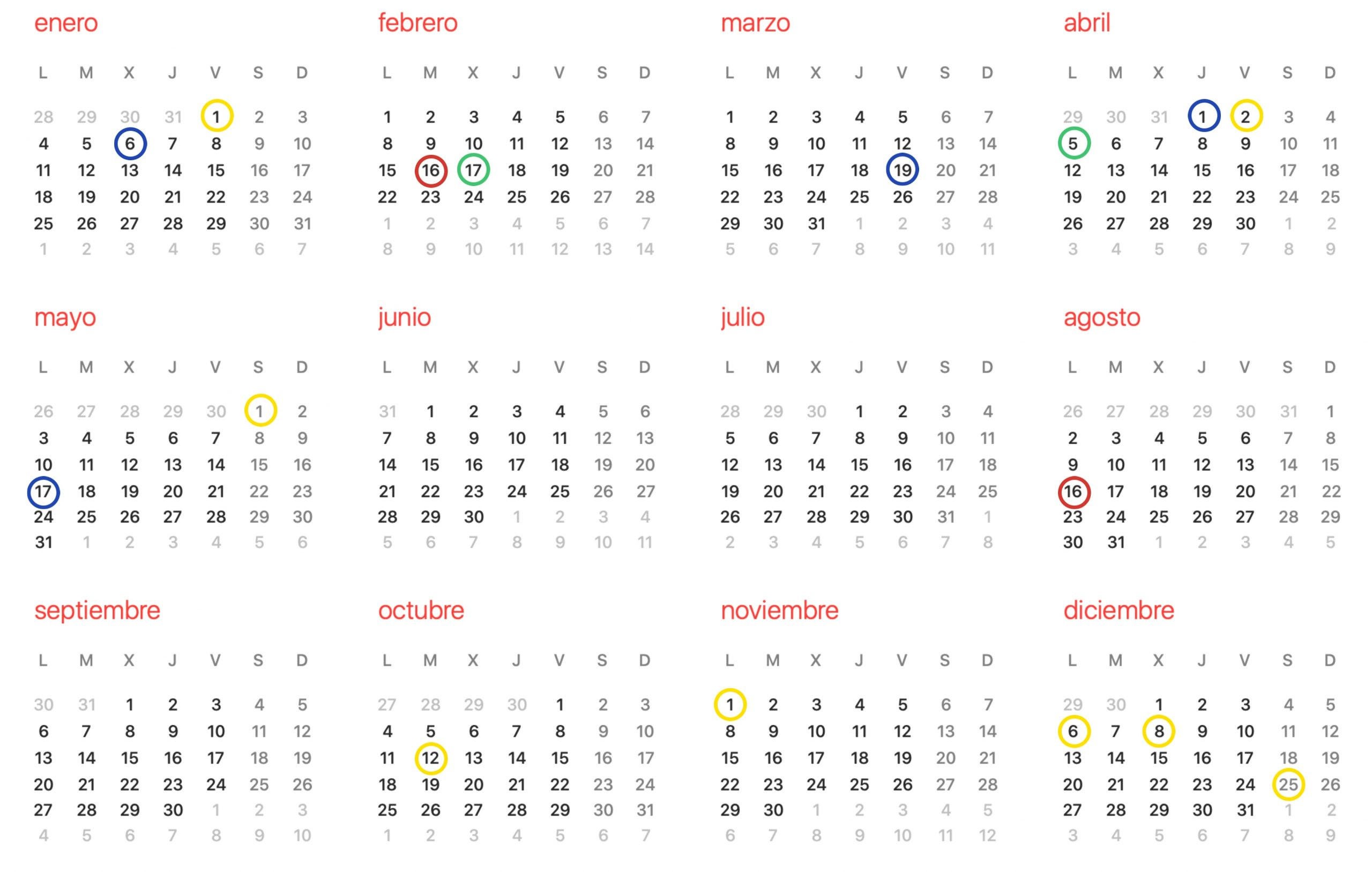 Festivos nacionales (amarillo) y autonómicos (azul)