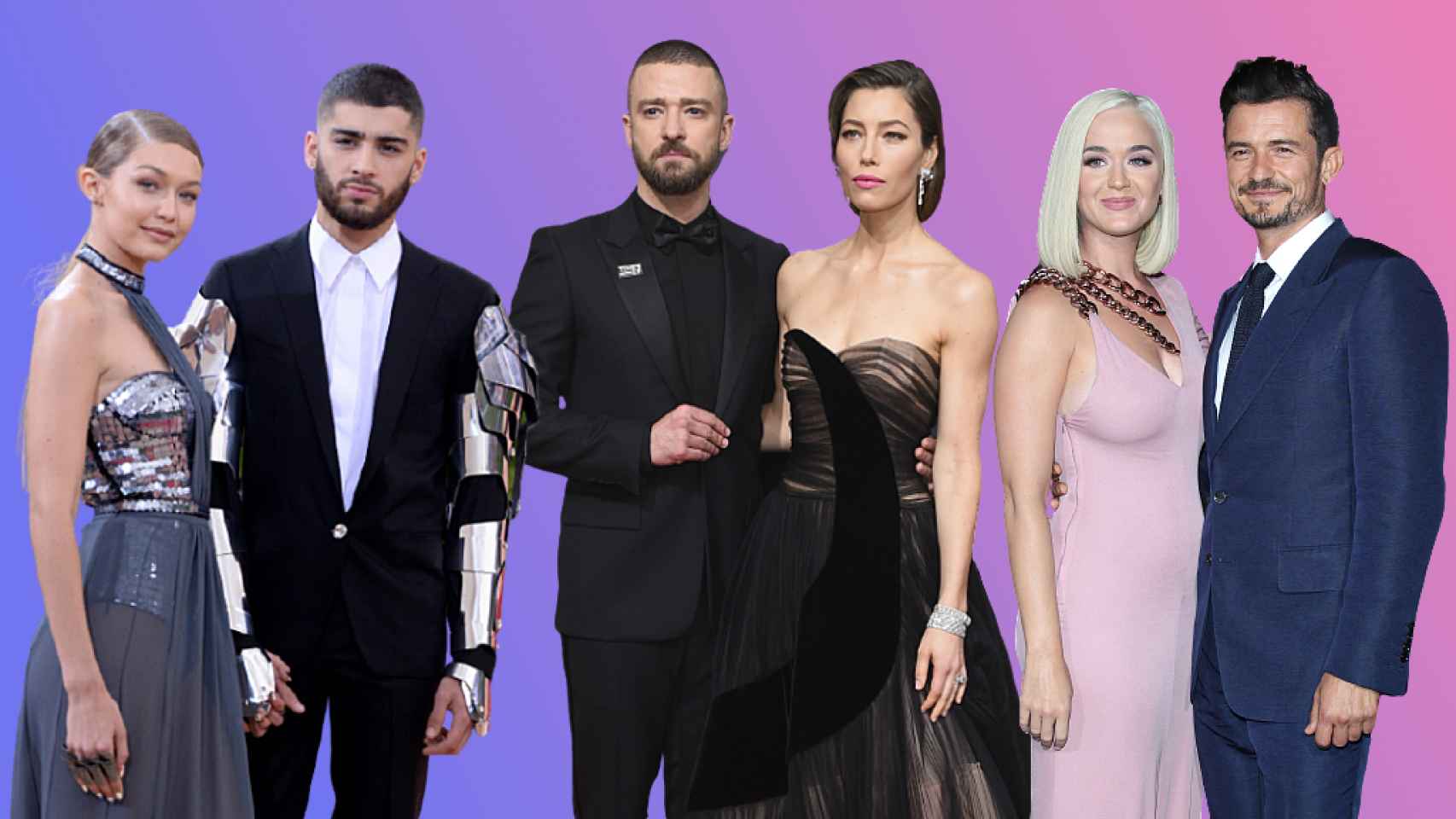 Gigi Hadid, Zayn Malik, Justin Timberlake, Jessica Biel, Katy Perry y Orlando Bloom, en un fotomontaje de JALEOS.