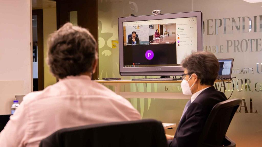 Juan Pedro Risquez, vicepresidente del Colegio Oficial de Farmacéuticos, Pilar Aparicio, directora general de Salud Pública y Margarita Alfonsel, secretaria general de Fenin, se conectaron a través de videoconferencia.