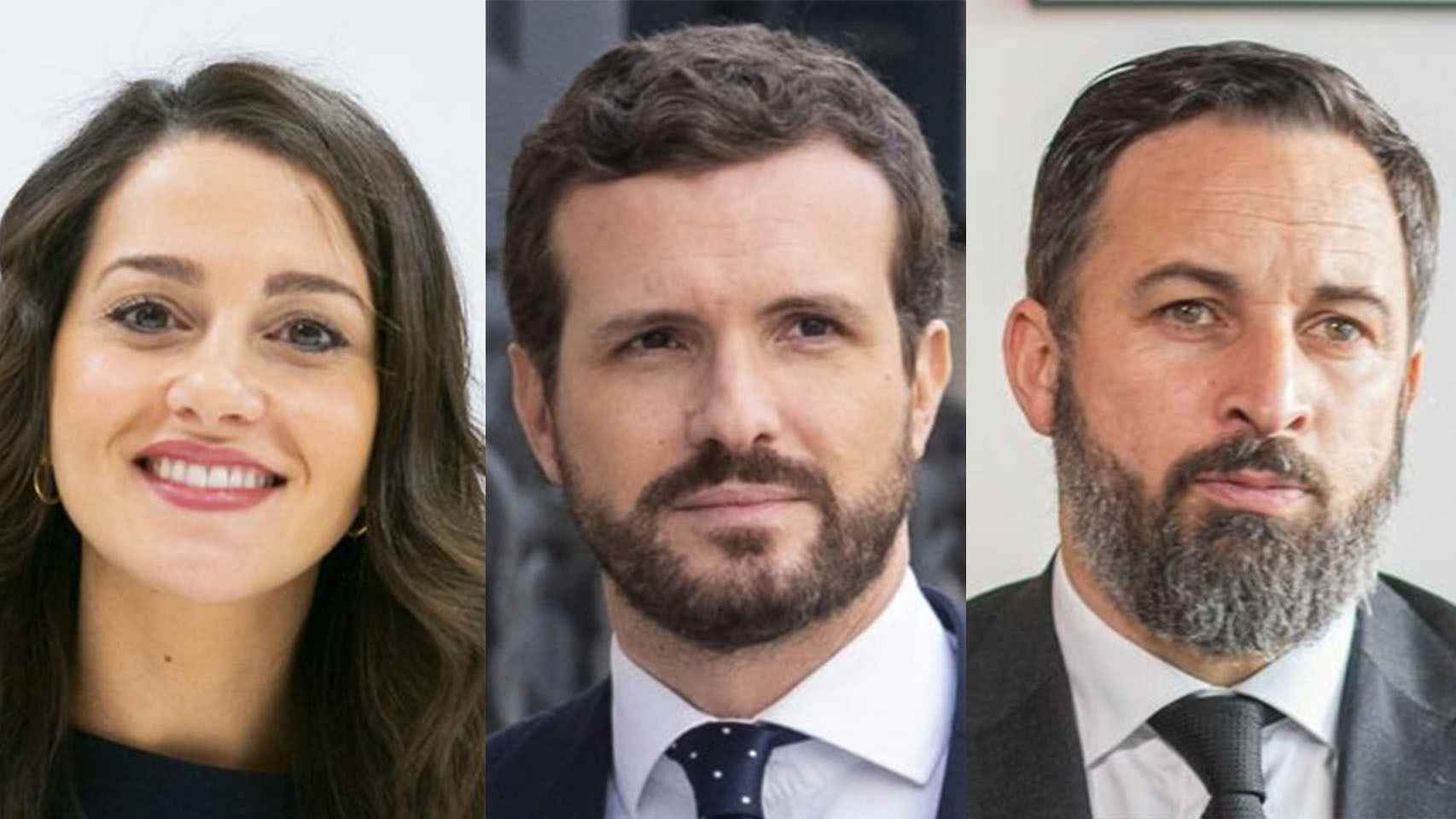 La presidenta de Cs, Inés Arrimadas; el presidente del PP, Pablo Casado y Santiago Abascal, líder de Vox.