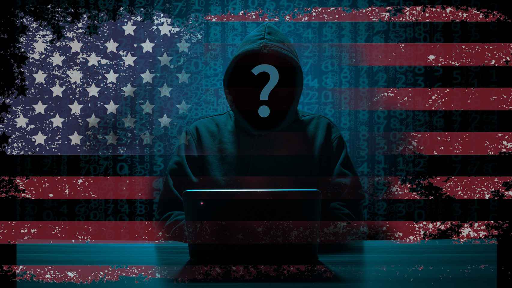 Fotomontaje con la bandera de Estados Unidos y un hacker.
