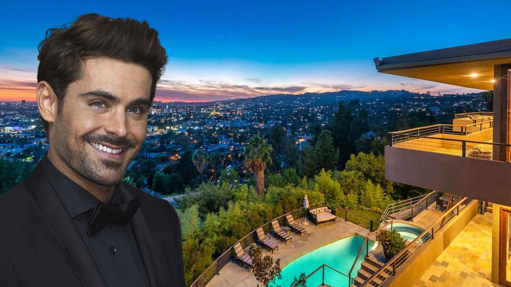 Zac Efron, junto a su casa en Los Ángeles, en un fotomontaje de JALEOS.