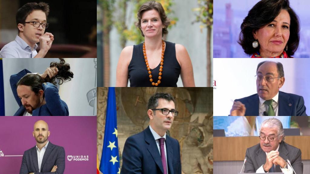 Íñigo Errejón, Pablo Iglesias, Nacho Álvarez, Mariana Mazzucato, Feliz Bolaños, Ana Botín, Ignacio Galán y José Bogas.