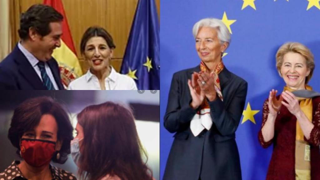 Antonio Garamendi con Yolanda Díaz, Ana Botín con Irene Montero y Christine Lagarde con Ursula Von der Leyen