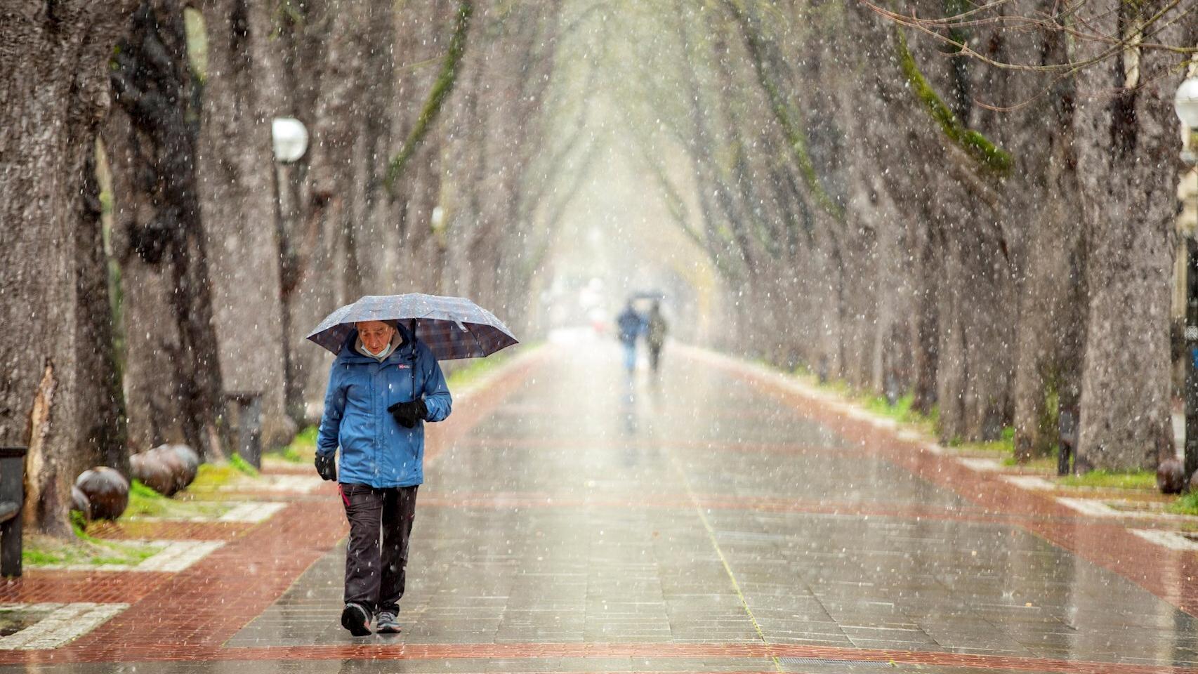 Un hombre pasea bajo la nieve por una avenida de Vitoria. EFE/David Aguilar