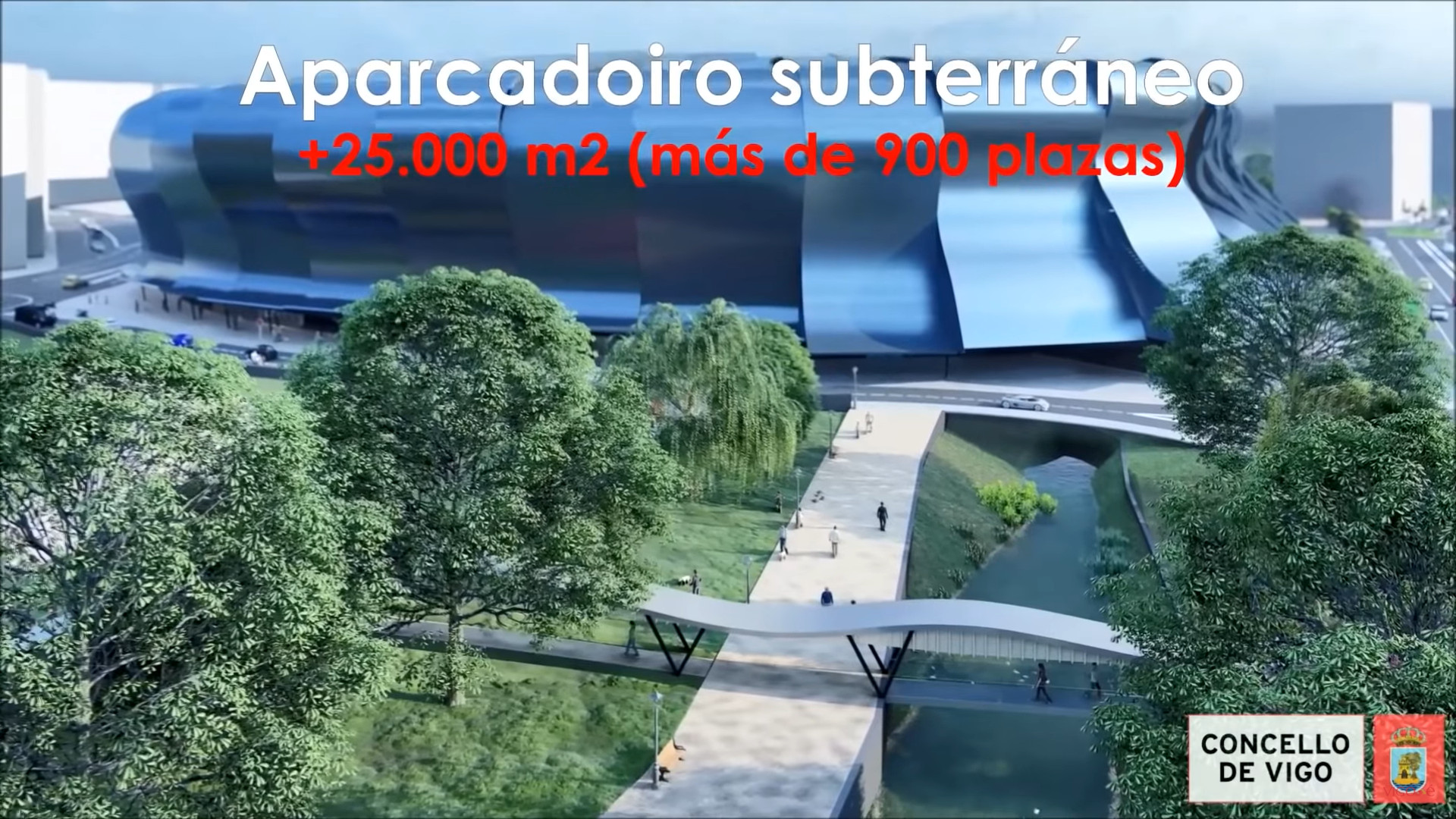 El vídeo difundido por el Concello en febrero de 2019 ubicaba el párking del Estadio de Balaídos junto a la grada de Gol y el Lagares.
