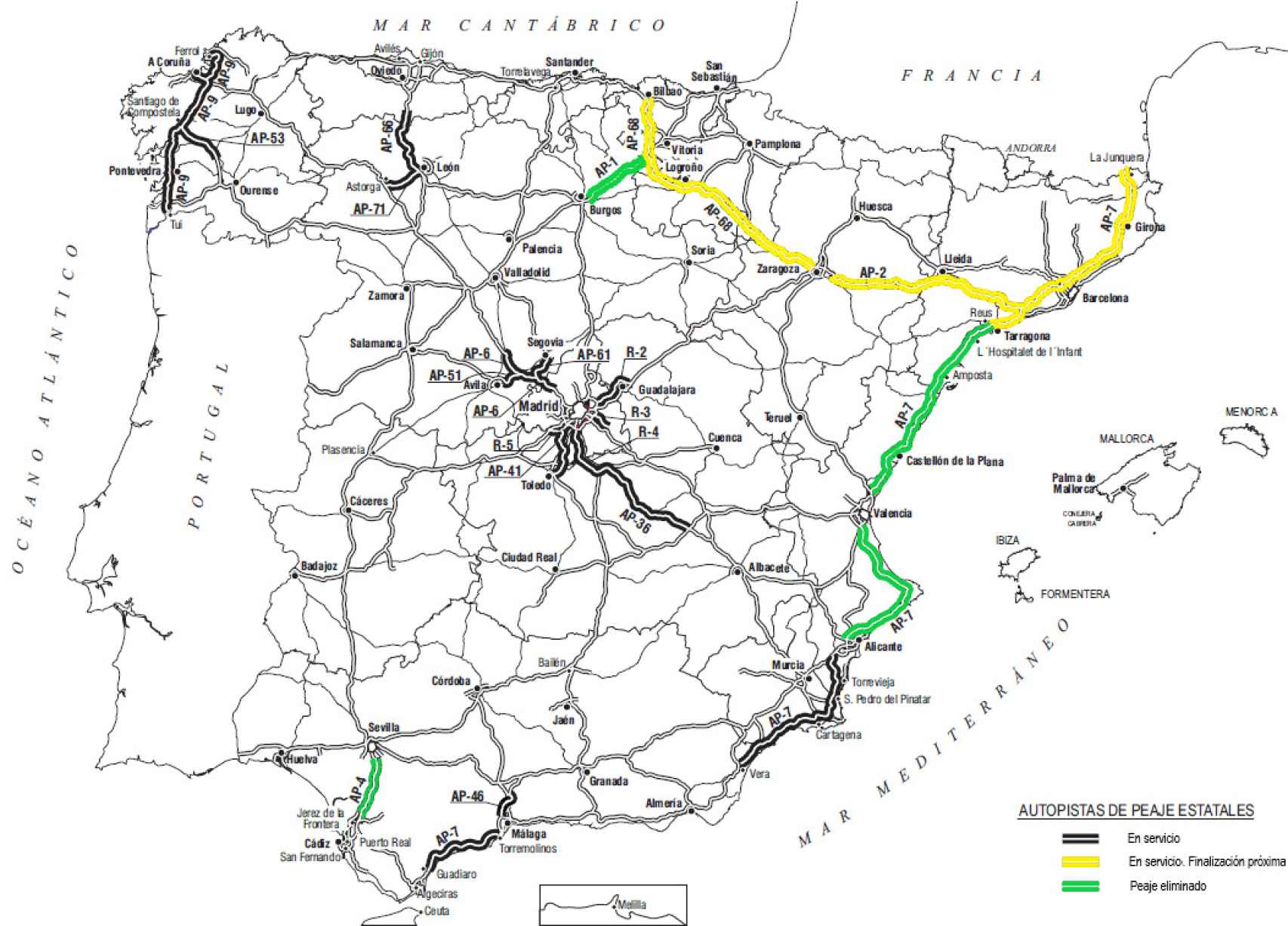 Mapa de las actuales autopistas de peaje en España.
