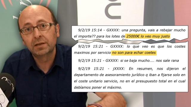 Francis Puig, junto a los mensajes de whatsapp que confirman el pacto de precios. EE