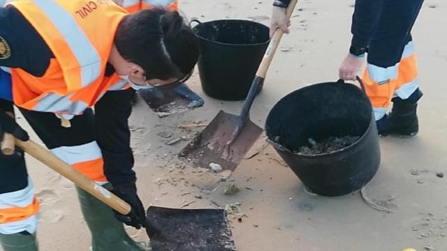 Voluntarios de Protección Civil recogen carabelas portuguesas en una playa de Ferrol.